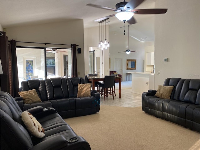 9923 SE 64th Ave, Belleview, FL 34420 - living area featuring ceiling fan, light colored carpet, light tile patterned floors, and high vaulted ceiling