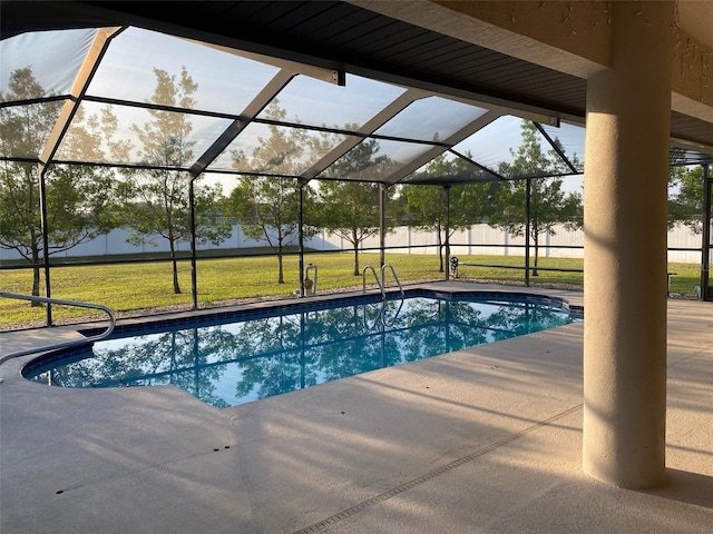 9923 SE 64th Ave, Belleview, FL 34420 - outdoor pool featuring a patio area, a lawn, and glass enclosure