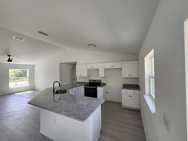 1780 Winding Hills Rd, Dunnellon, FL 34431 - kitchen featuring electric range oven, lofted ceiling, white cabinets, and wood finished floors