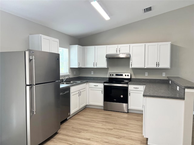 185 Malauka Loop, Ocklawaha, FL 32179 - kitchen with stainless steel appliances, a peninsula, dark countertops, under cabinet range hood, and white cabinets