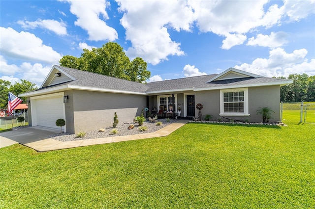 7435 N Nature Trl, Hernando, FL 34442 - ranch-style home with stucco siding, a shingled roof, a garage, concrete driveway, and a porch