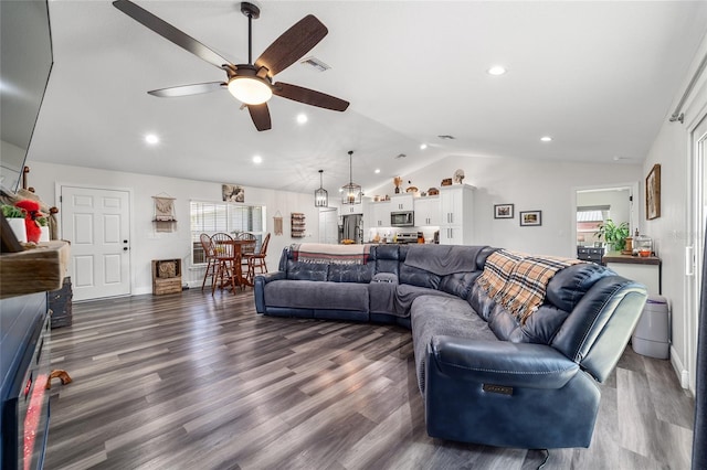 7435 N Nature Trl, Hernando, FL 34442 - living area featuring lofted ceiling, ceiling fan, dark wood-type flooring, and recessed lighting