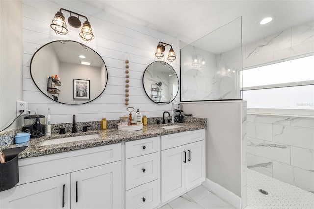 7435 N Nature Trl, Hernando, FL 34442 - full bathroom featuring marble look tiles, double vanity, and a marble finish shower