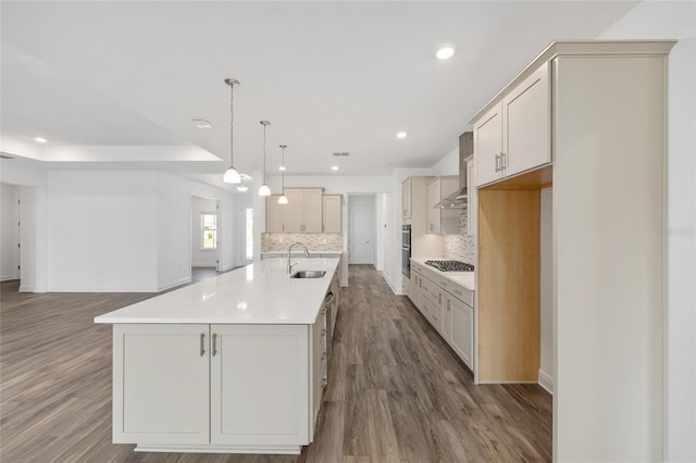 10561 SW 98th Pl, Ocala, FL 34481 - kitchen with stainless steel appliances, tasteful backsplash, wood finished floors, recessed lighting, and a large island with sink