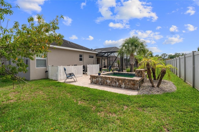 4731 SE 34th St, Ocala, FL 34480 - back of house with a patio, a fenced backyard, an in-ground hot tub, stucco siding, and glass enclosure