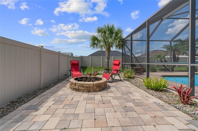4731 SE 34th St, Ocala, FL 34480 - fenced backyard with a fire pit, an outdoor pool, a lanai, and a patio area