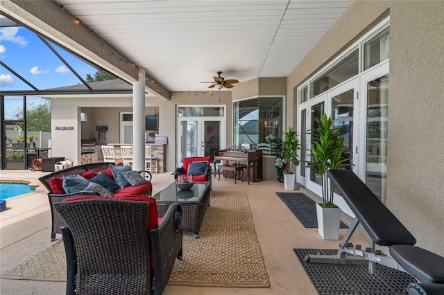 4731 SE 34th St, Ocala, FL 34480 - view of patio with french doors, ceiling fan, outdoor lounge area, an outdoor pool, and a lanai