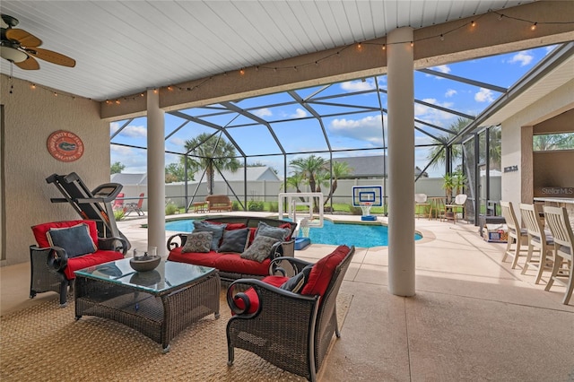 4731 SE 34th St, Ocala, FL 34480 - view of patio / terrace with outdoor lounge area, a ceiling fan, and glass enclosure