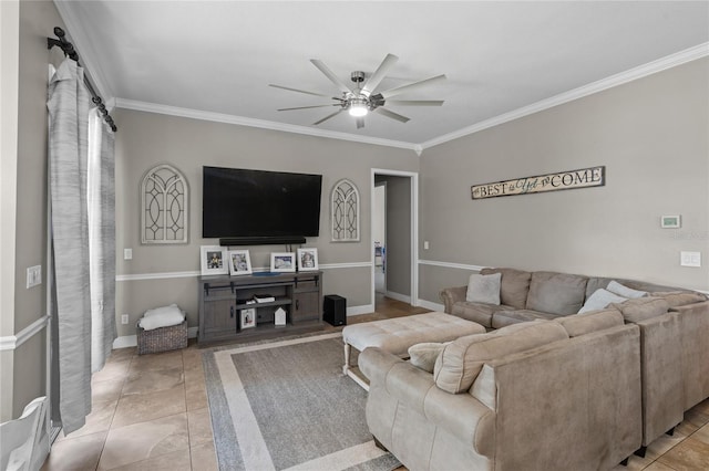 4731 SE 34th St, Ocala, FL 34480 - living room featuring ceiling fan, crown molding, and light tile patterned flooring
