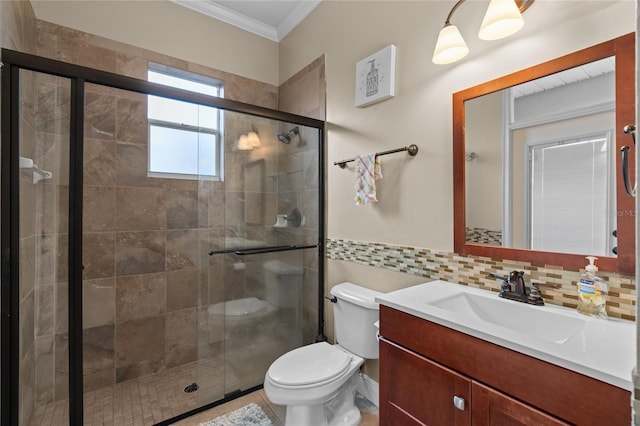 4731 SE 34th St, Ocala, FL 34480 - bathroom featuring crown molding, vanity, a stall shower, and tile walls