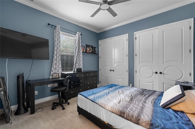 4731 SE 34th St, Ocala, FL 34480 - carpeted bedroom with ornamental molding, multiple closets, and a ceiling fan