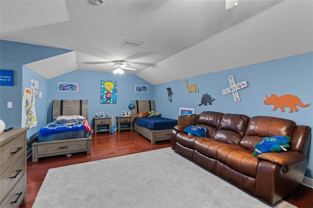 4731 SE 34th St, Ocala, FL 34480 - bedroom featuring wood finished floors, vaulted ceiling, and ceiling fan
