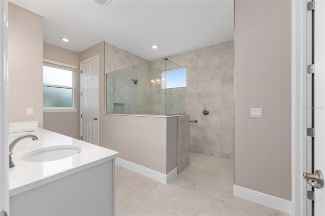 10026 SW 85th Place Rd, Ocala, FL 34481 - full bathroom with walk in shower, tile patterned floors, double vanity, and recessed lighting