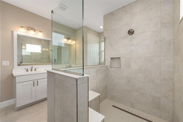 10026 SW 85th Place Rd, Ocala, FL 34481 - bathroom with walk in shower, vanity, and tile patterned flooring