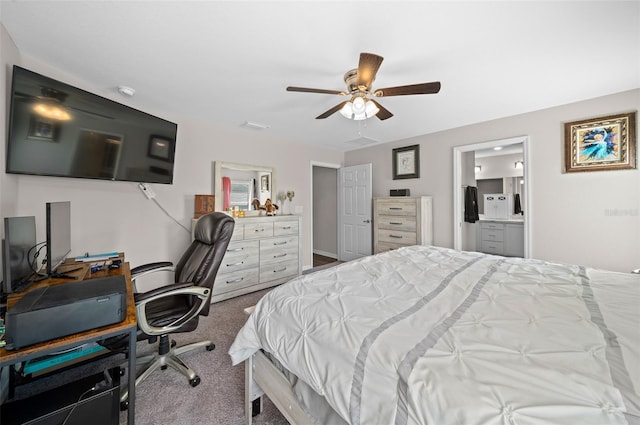 11330 SW 61st Cir, Ocala, FL 34476 - bedroom with carpet flooring, a desk, ceiling fan, and connected bathroom