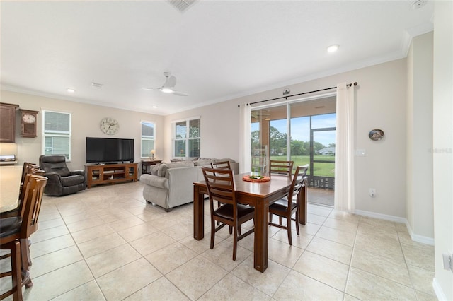 9236 SW 91st Court Rd, Ocala, FL 34481 - dining room featuring crown molding, ceiling fan, light tile patterned floors, and recessed lighting