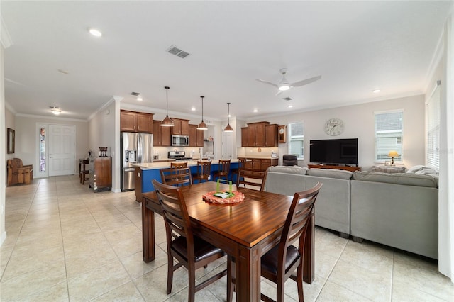 9236 SW 91st Court Rd, Ocala, FL 34481 - dining area featuring crown molding, light tile patterned floors, a ceiling fan, and recessed lighting