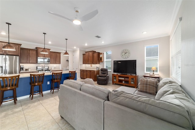 9236 SW 91st Court Rd, Ocala, FL 34481 - living room featuring crown molding, recessed lighting, a ceiling fan, and light tile patterned floors