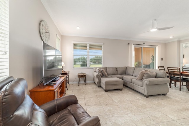 9236 SW 91st Court Rd, Ocala, FL 34481 - living room with ornamental molding, light tile patterned flooring, ceiling fan, and recessed lighting