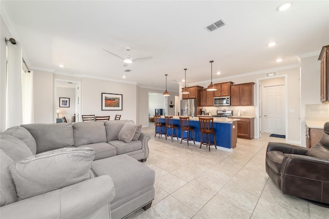 9236 SW 91st Court Rd, Ocala, FL 34481 - living room featuring recessed lighting, light tile patterned floors, ceiling fan, and ornamental molding