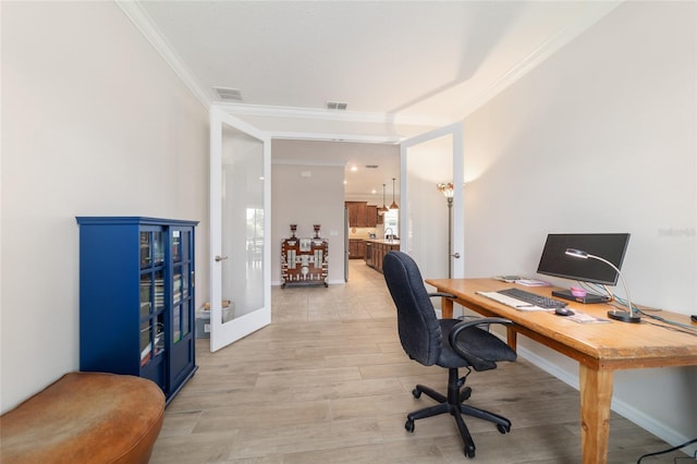 9236 SW 91st Court Rd, Ocala, FL 34481 - office space with french doors, ornamental molding, and light wood finished floors