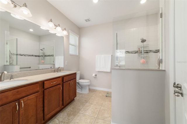 9236 SW 91st Court Rd, Ocala, FL 34481 - full bathroom with double vanity, a walk in shower, tile patterned floors, and recessed lighting