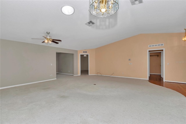 9069 SW 91st Cir, Ocala, FL 34481 - unfurnished room featuring a chandelier, lofted ceiling, carpet flooring, and a ceiling fan