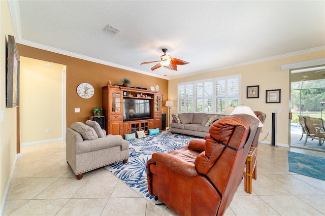 7814 SW 97th Cir, Ocala, FL 34481 - living room with crown molding, light tile patterned flooring, and ceiling fan