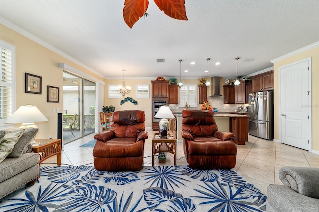 7814 SW 97th Cir, Ocala, FL 34481 - living area featuring light tile patterned flooring, a chandelier, and crown molding