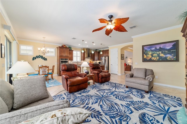 7814 SW 97th Cir, Ocala, FL 34481 - living room with light tile patterned floors, a chandelier, arched walkways, ceiling fan, and plenty of natural light