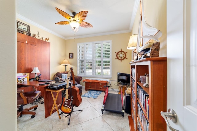 7814 SW 97th Cir, Ocala, FL 34481 - office space with ornamental molding, a ceiling fan, and light tile patterned floors
