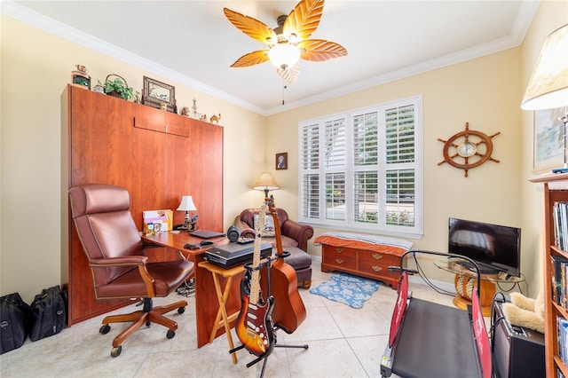 7814 SW 97th Cir, Ocala, FL 34481 - office area featuring crown molding, light tile patterned floors, and a ceiling fan