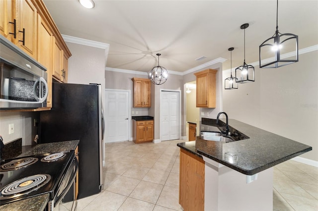 2127 NE 38th Ter, Ocala, FL 34470 - kitchen with range with electric cooktop, stainless steel microwave, a peninsula, crown molding, and a chandelier