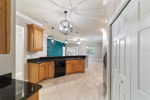 2127 NE 38th Ter, Ocala, FL 34470 - kitchen with black dishwasher, crown molding, a peninsula, light tile patterned floors, and pendant lighting