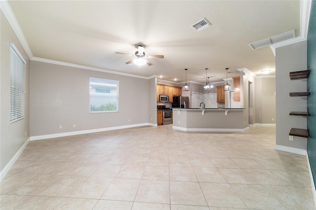 2127 NE 38th Ter, Ocala, FL 34470 - unfurnished living room with crown molding, a ceiling fan, and light tile patterned floors