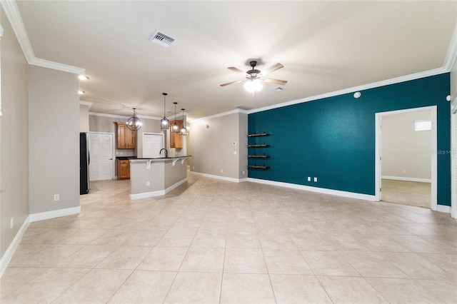 2127 NE 38th Ter, Ocala, FL 34470 - unfurnished living room featuring crown molding, light tile patterned floors, and a ceiling fan