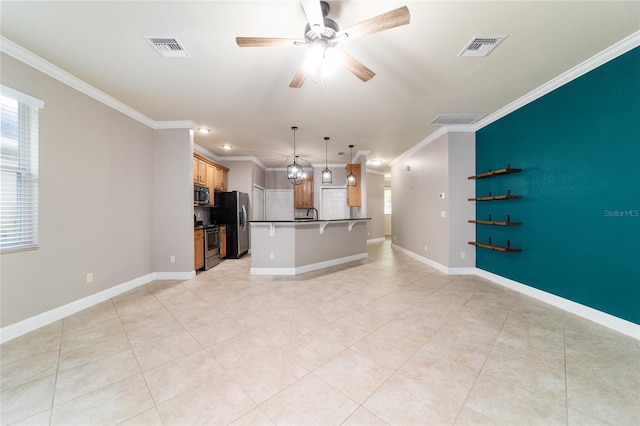 2127 NE 38th Ter, Ocala, FL 34470 - unfurnished living room with ornamental molding, light tile patterned floors, ceiling fan, and recessed lighting