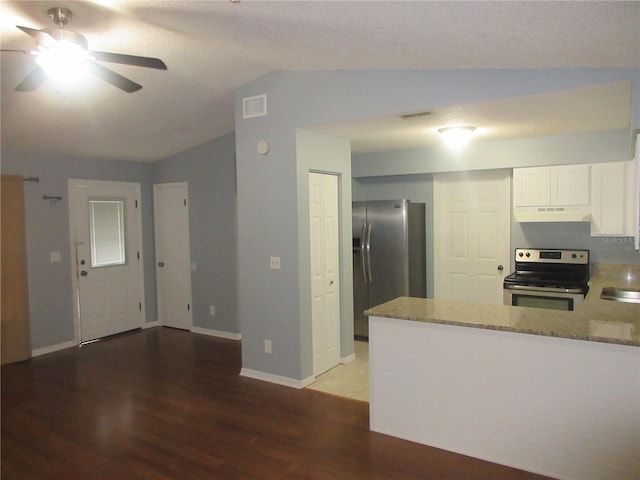 6141 NW 64th Ct, Ocala, FL 34482 - kitchen with appliances with stainless steel finishes, light wood finished floors, lofted ceiling, light stone counters, and under cabinet range hood