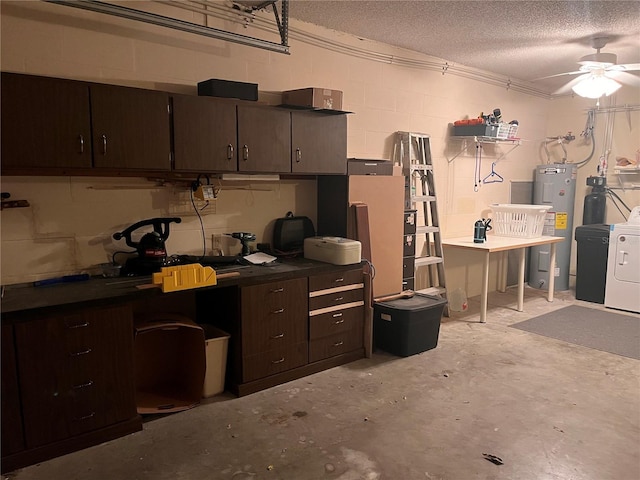 8450 SW 90th St Unit D, Ocala, FL 34481 - garage featuring water heater, concrete block wall, ceiling fan, and washer / dryer