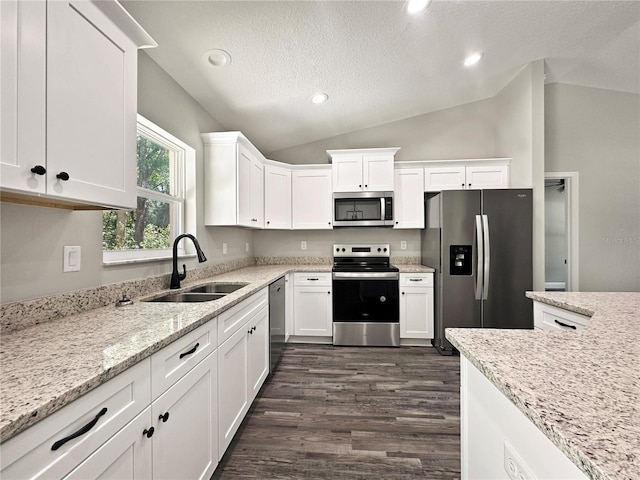 3679 E Bernice St, Inverness, FL 34453 - kitchen featuring appliances with stainless steel finishes, lofted ceiling, a textured ceiling, dark wood-style flooring, and white cabinetry