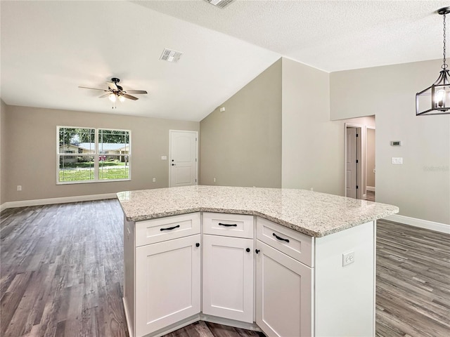 3679 E Bernice St, Inverness, FL 34453 - kitchen featuring wood finished floors, a ceiling fan, open floor plan, white cabinetry, and a center island
