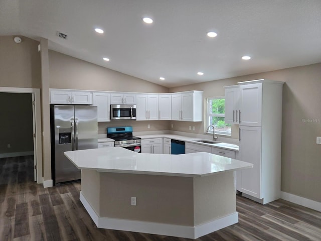 11139 N Sonnet Ter, Citrus Springs, FL 34433 - kitchen with appliances with stainless steel finishes, lofted ceiling, dark wood finished floors, white cabinets, and recessed lighting