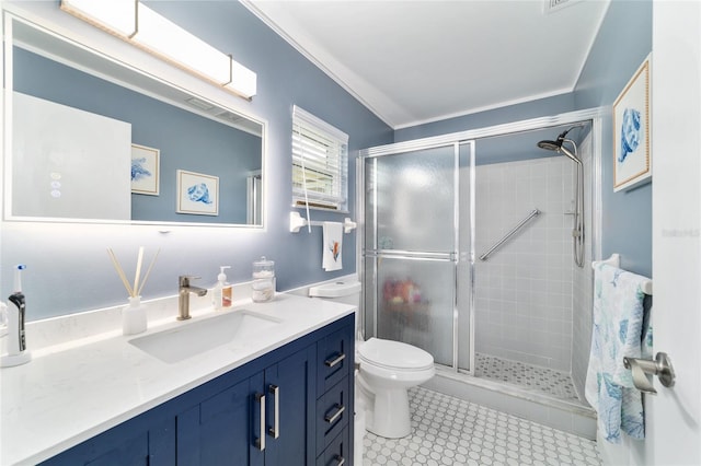 8841 SW 91st St Unit A, Ocala, FL 34481 - full bath with vanity, a stall shower, tile patterned flooring, and crown molding