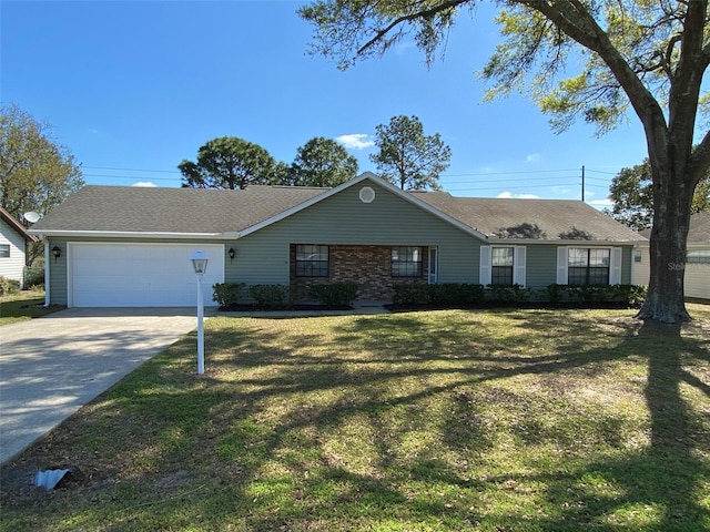 3381 NW 44th Ct, Ocala, FL 34482 - ranch-style home featuring an attached garage, driveway, a front lawn, and a shingled roof