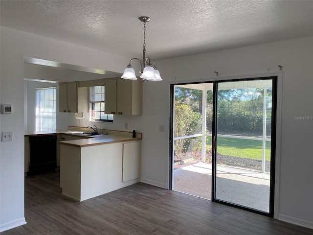 3381 NW 44th Ct, Ocala, FL 34482 - kitchen with dishwasher, dark wood-type flooring, a peninsula, a textured ceiling, and pendant lighting