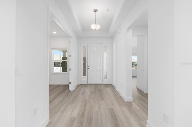 10032 SW 85th Place Rd, Ocala, FL 34481 - foyer entrance featuring light wood-type flooring and a tray ceiling
