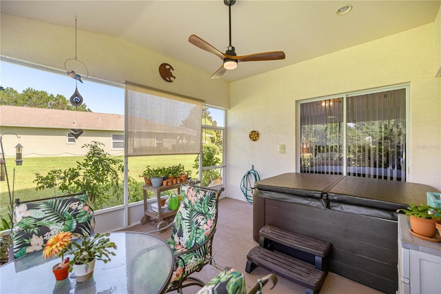 1824 W Zoe Ct, Lecanto, FL 34461 - sunroom featuring a hot tub, ceiling fan, and lofted ceiling