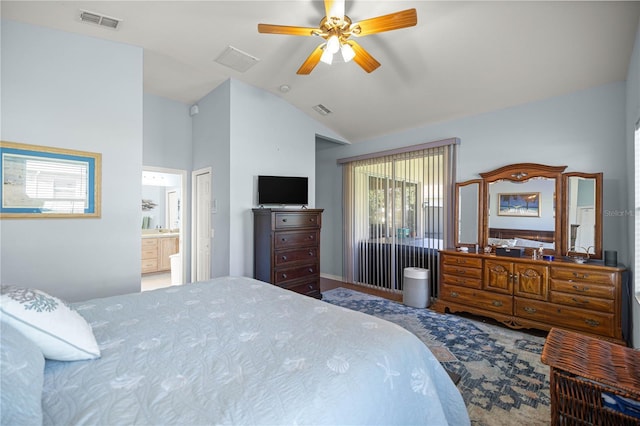 1824 W Zoe Ct, Lecanto, FL 34461 - bedroom featuring vaulted ceiling, connected bathroom, and a ceiling fan