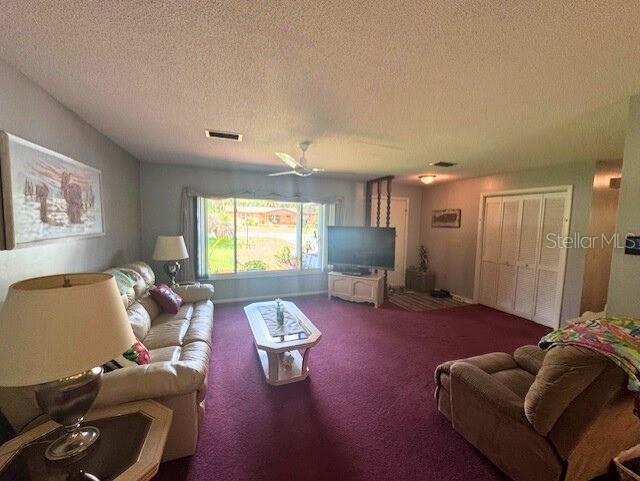 916 Jones Ave, Inverness, FL 34453 - living room featuring carpet floors, a textured ceiling, and a ceiling fan