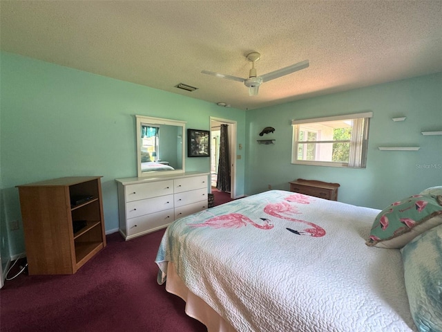 916 Jones Ave, Inverness, FL 34453 - bedroom with a textured ceiling, dark carpet, and a ceiling fan